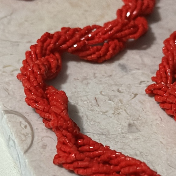 Beaded Necklace and Bracelet Set-Red Seed Beads-Multi Strand Twisted Details-EUC - Picture 4 of 14